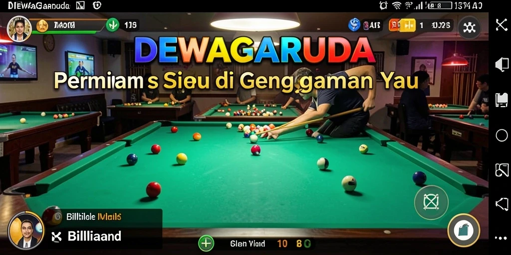 Tampilan antarmuka permainan billiard DEWAGARUDA yang menarik.