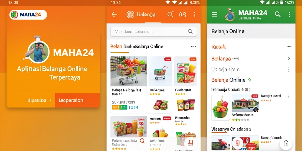 Tampilan antarmuka aplikasi MAHA24 untuk berbelanja online.
