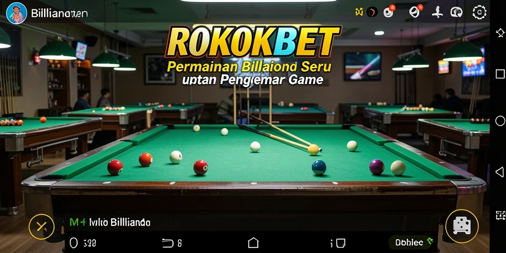 Antarmuka ROKOKBET yang menampilkan meja billiard dan bola.